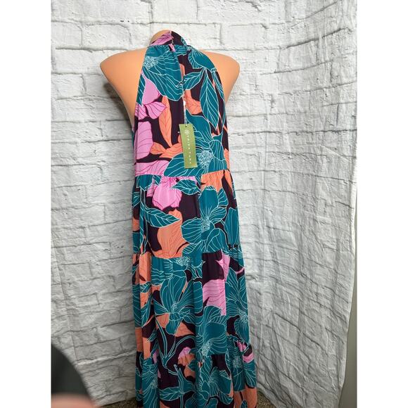 Trina Turk Sunglasses Maxi Dress Green Purple Tiered Sleeveless Halter Sz Small - Picture 3 of 5